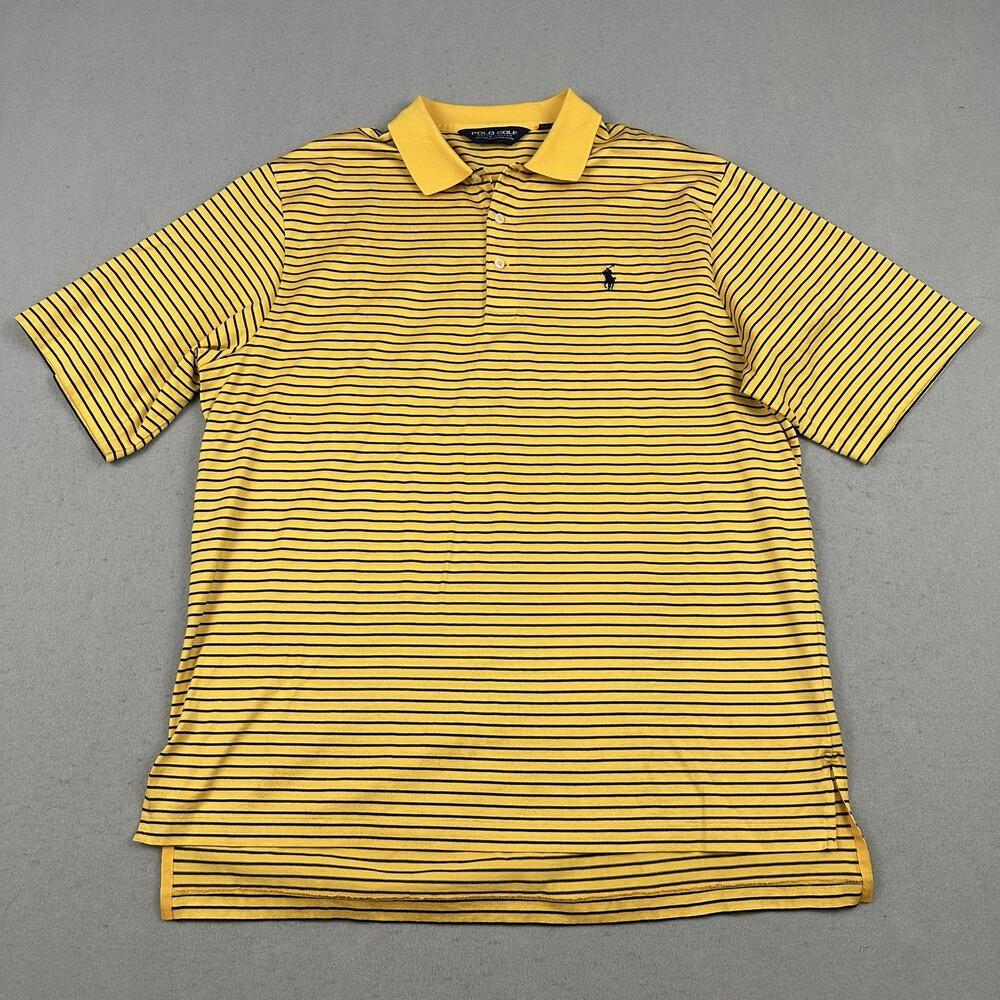 Polo Golf Ralph Lauren Shirt Men Large Yellow Blue Stripe Golf Short Sleeve Pony